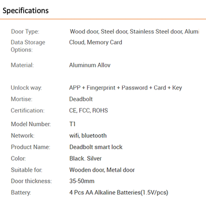 T1 Smart Lock Easy-to-Install and Fingerprint Keypad Keyless Entry Door Lock Security System